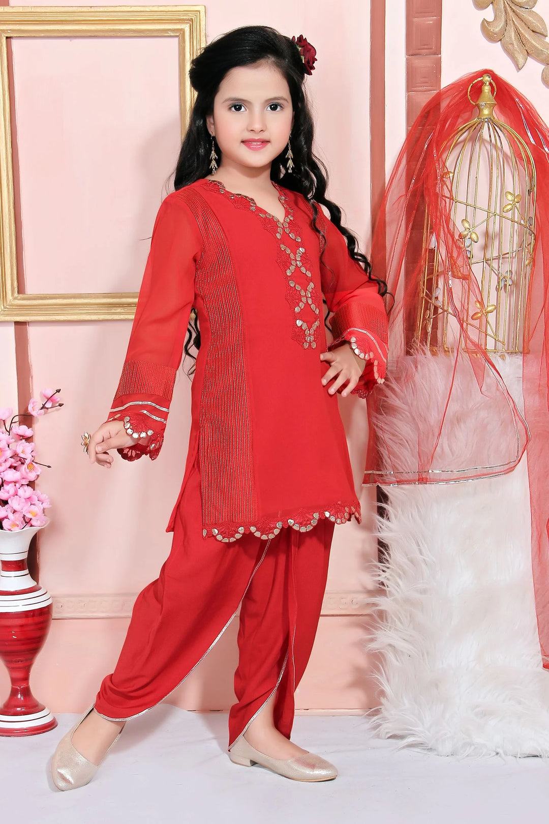 Red Embroidered Georgette A Line Lehenga Choli Dupatta