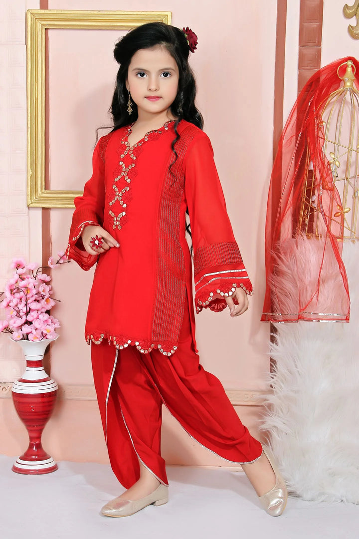 Red Embroidered Georgette A Line Lehenga Choli Dupatta