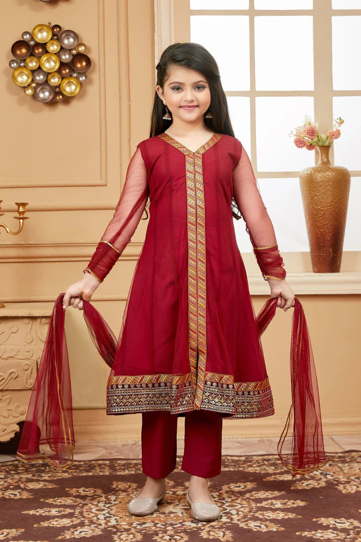 Maroon Embroidered Net Kids Salwar Suits