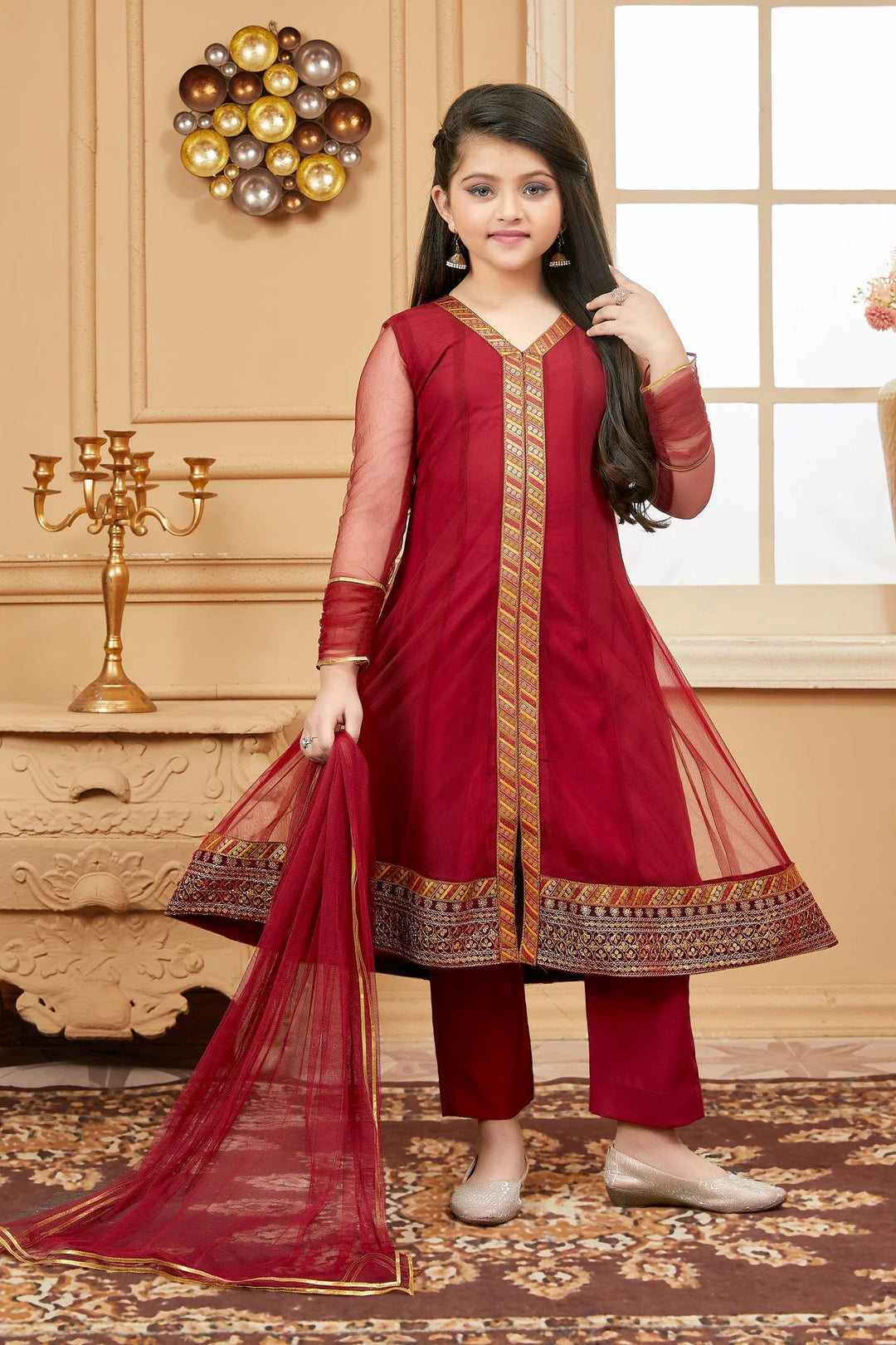 Maroon Embroidered Net Kids Salwar Suits