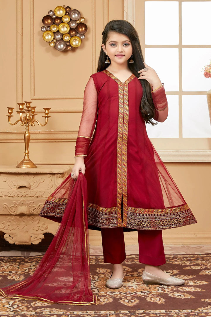 Maroon Embroidered Net Kids Salwar Suits