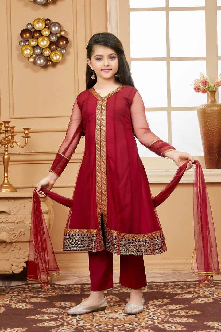 Maroon Embroidered Net Kids Salwar Suits