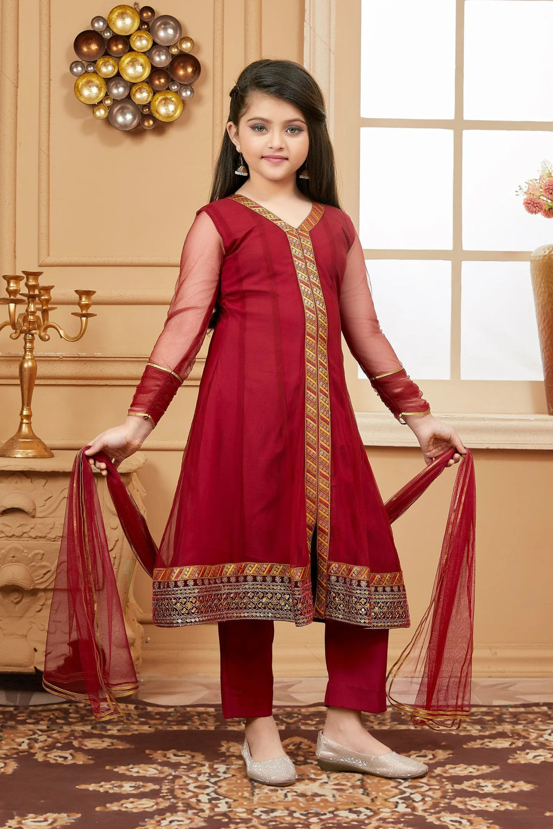 Maroon Embroidered Net Kids Salwar Suits