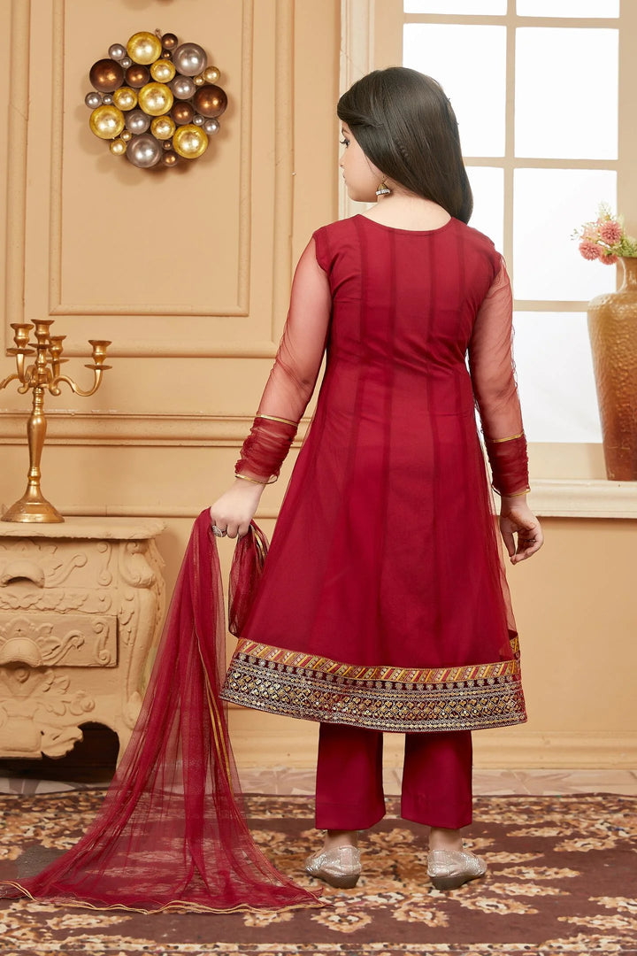 Maroon Embroidered Net Kids Salwar Suits