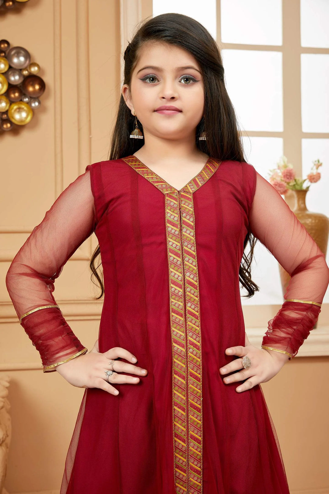Maroon Embroidered Net Kids Salwar Suits
