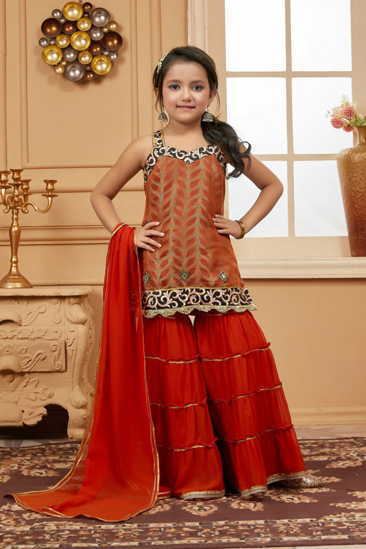 Rust Embroidered Brocade Kids Salwar Suits