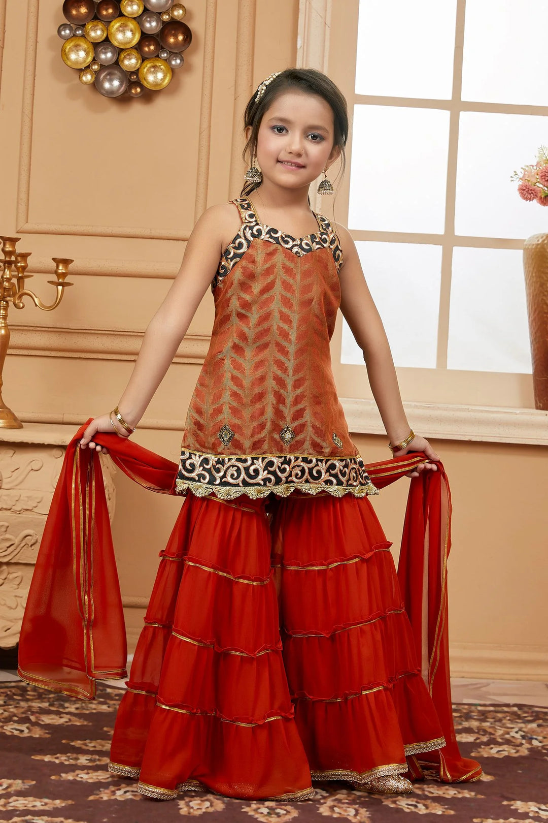 Rust Embroidered Brocade Kids Salwar Suits
