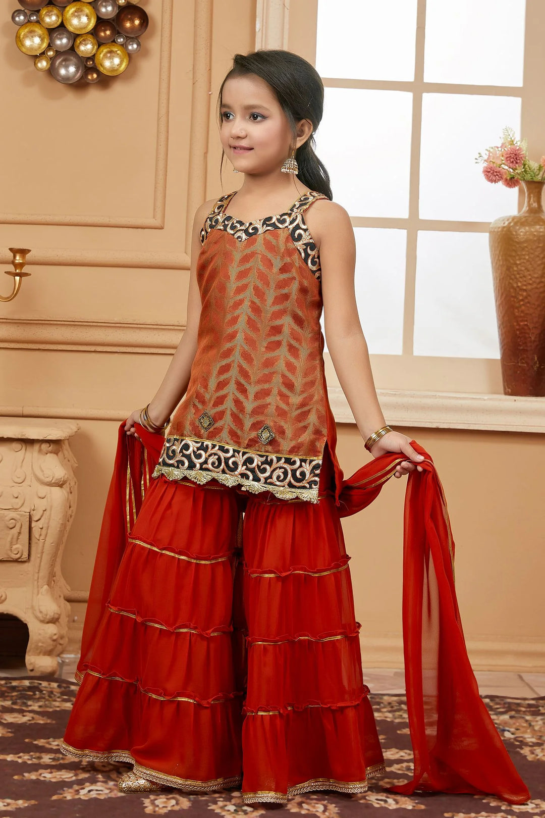 Rust Embroidered Brocade Kids Salwar Suits