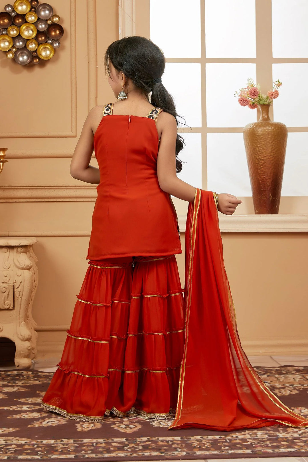 Rust Embroidered Brocade Kids Salwar Suits