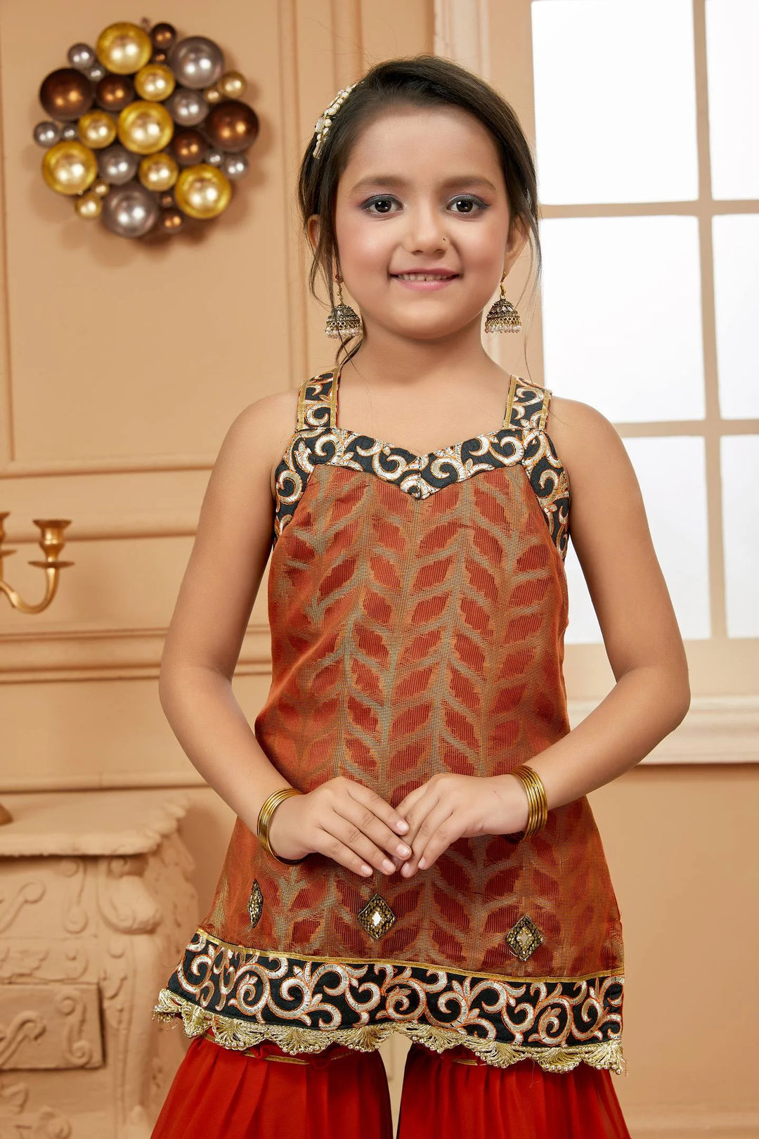 Rust Embroidered Brocade Kids Salwar Suits