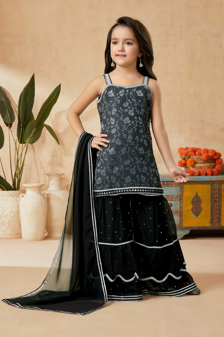 Black Embroidered Art Silk Straight Cut Kids Salwar Suits