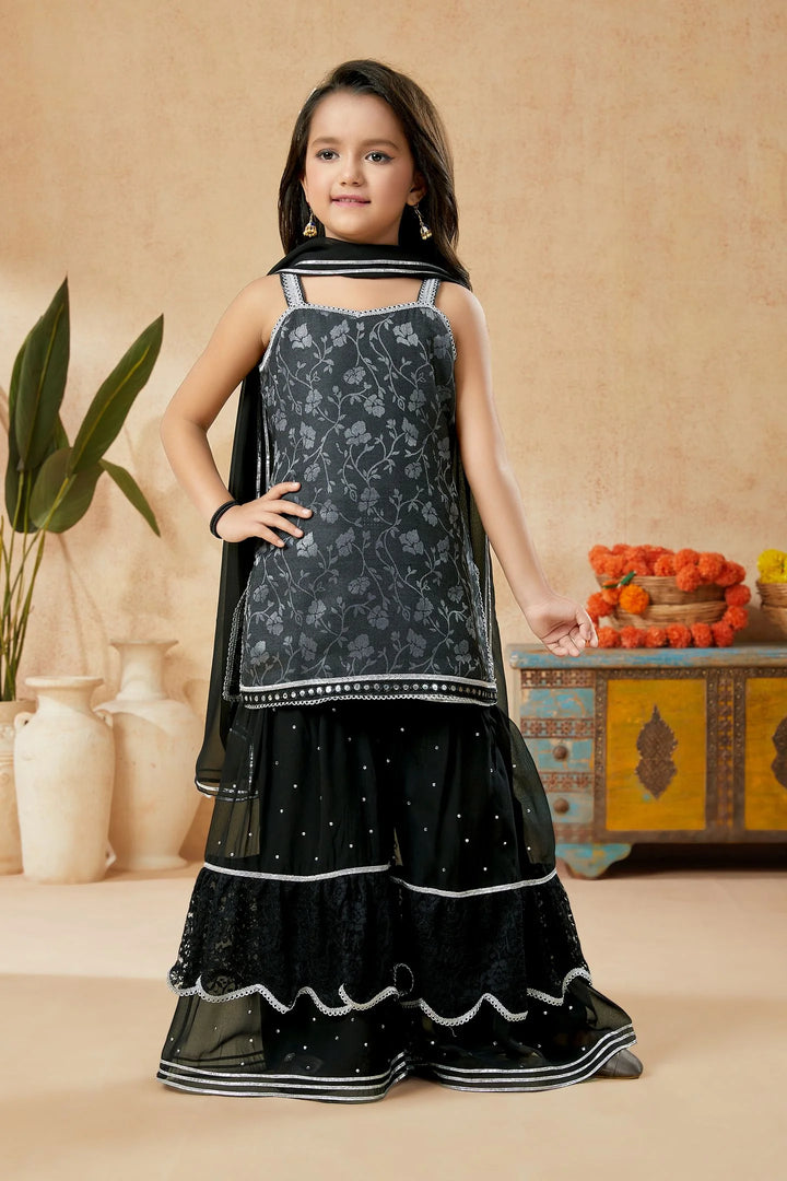 Black Embroidered Art Silk Straight Cut Kids Salwar Suits