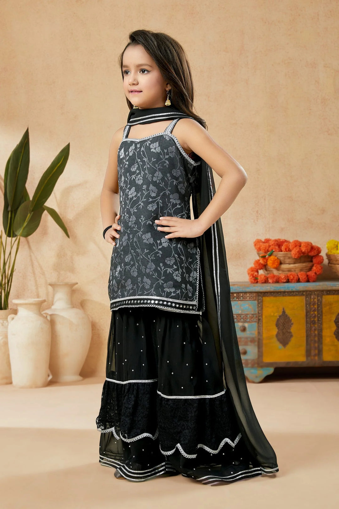 Black Embroidered Art Silk Straight Cut Kids Salwar Suits