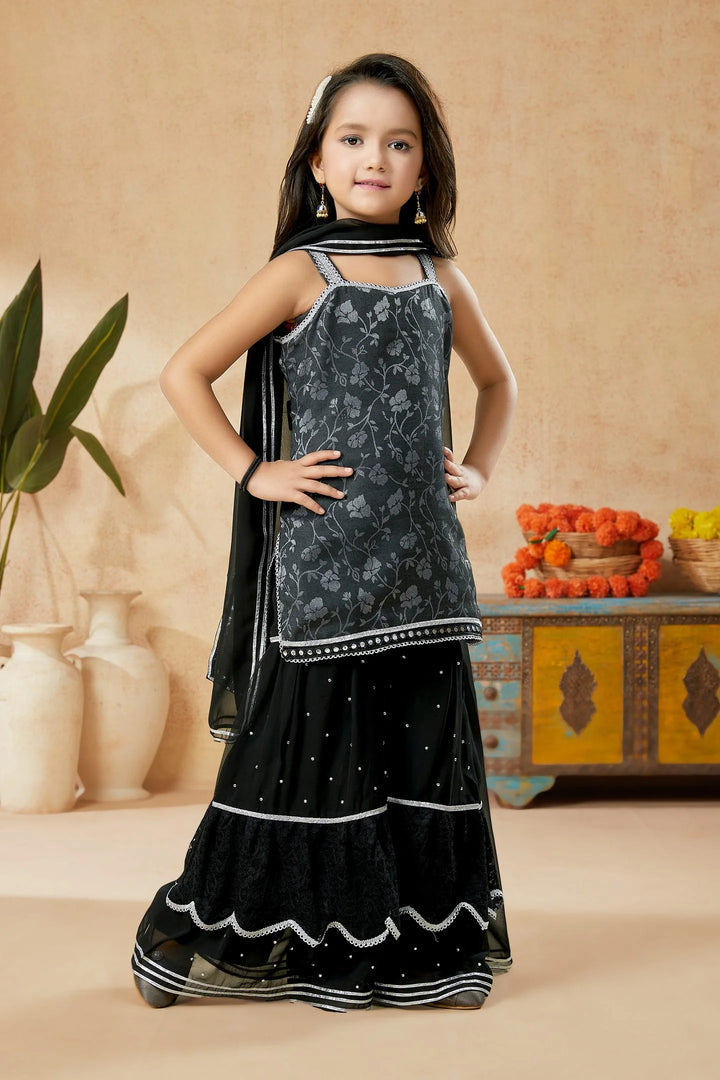 Black Embroidered Art Silk Straight Cut Kids Salwar Suits