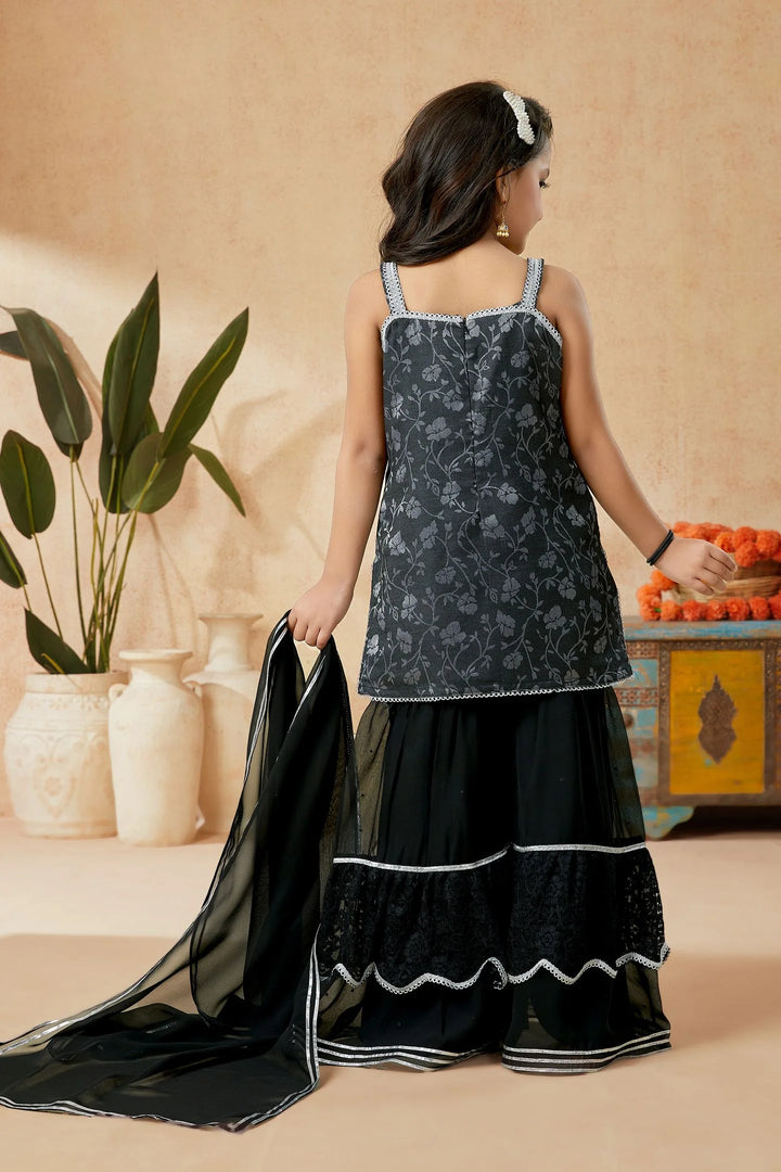 Black Embroidered Art Silk Straight Cut Kids Salwar Suits