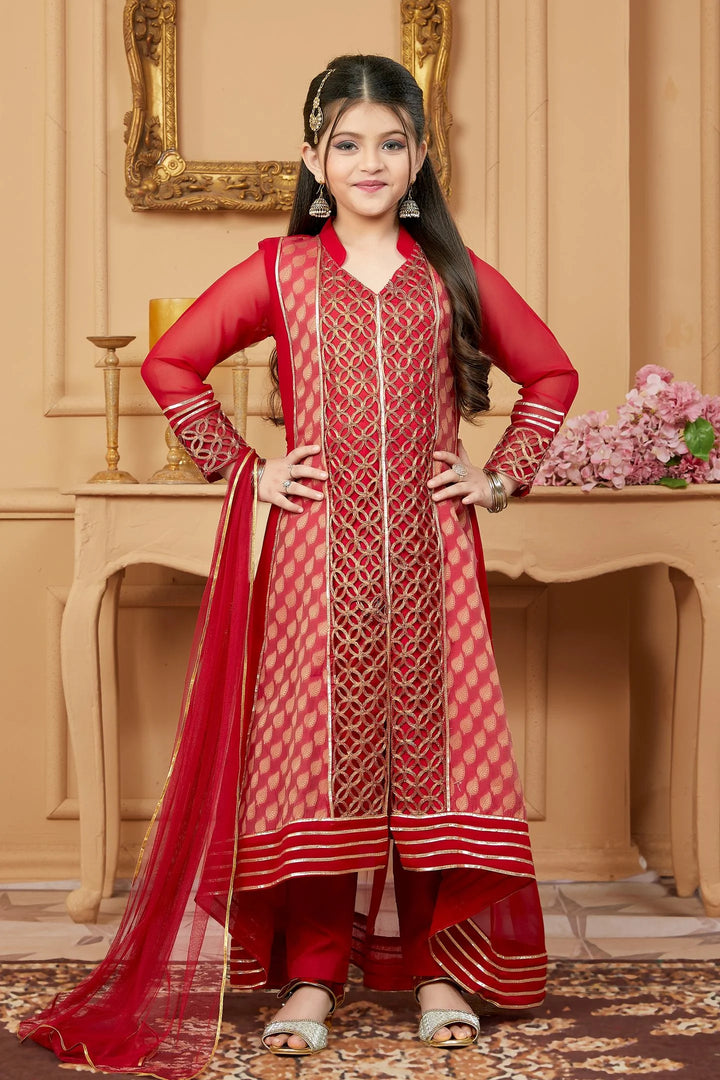 Red Embroidered Faux Georgette Asymmetrical Kids Salwar Suits