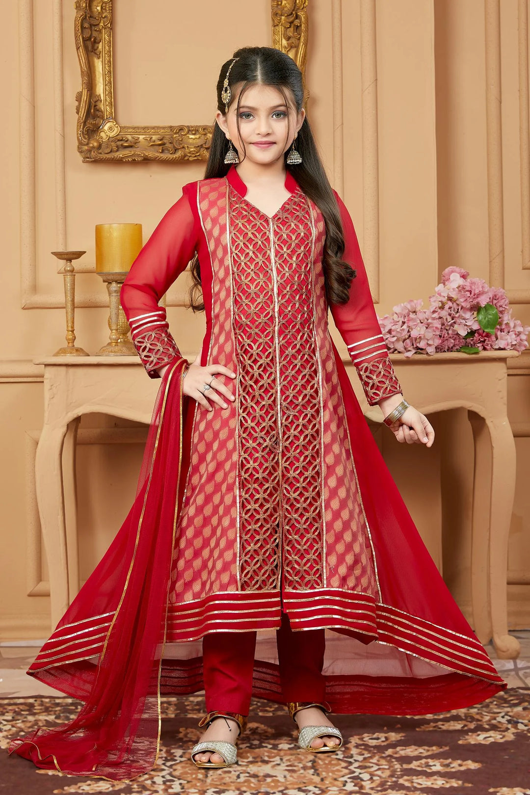 Red Embroidered Faux Georgette Asymmetrical Kids Salwar Suits
