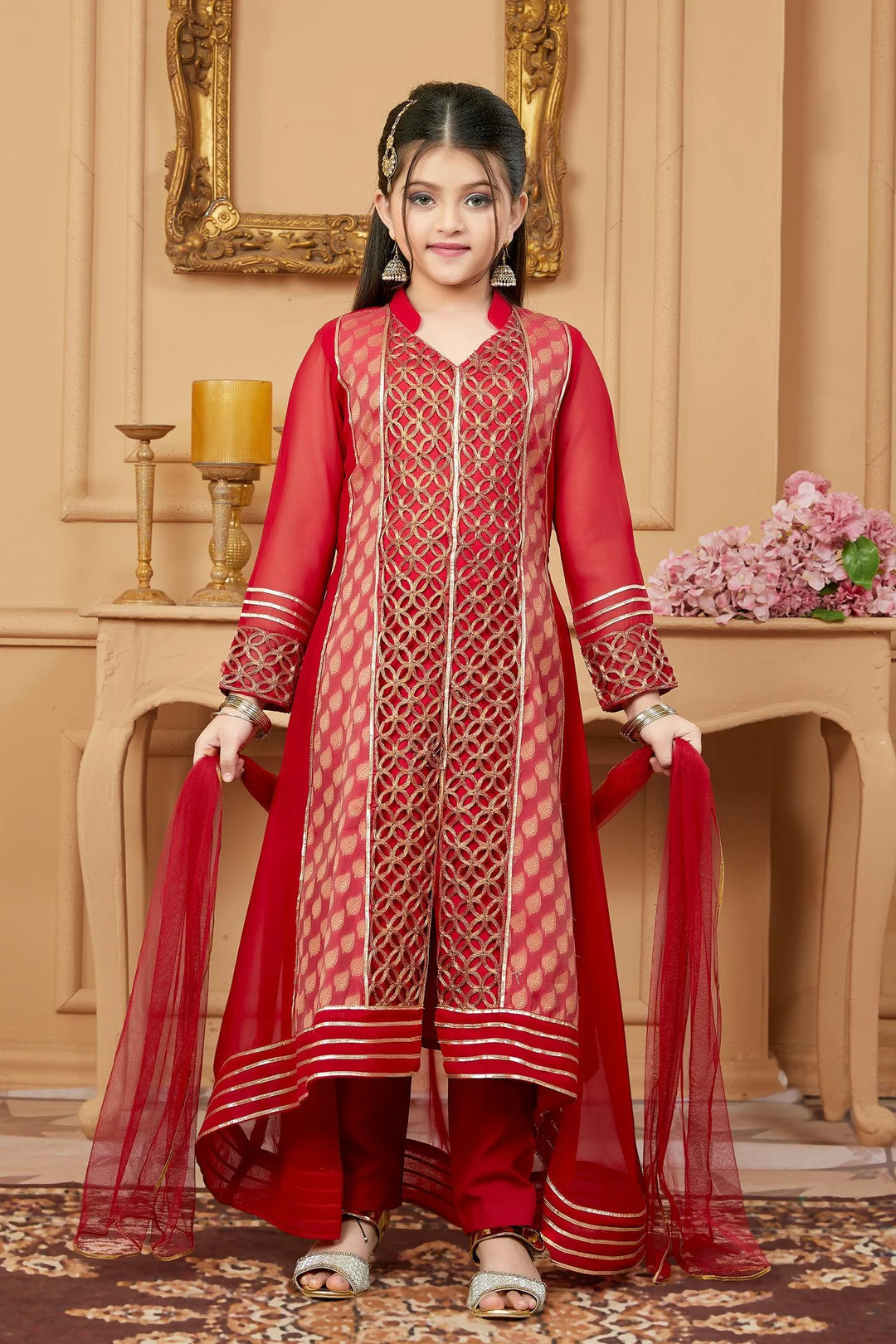 Red Embroidered Faux Georgette Asymmetrical Kids Salwar Suits
