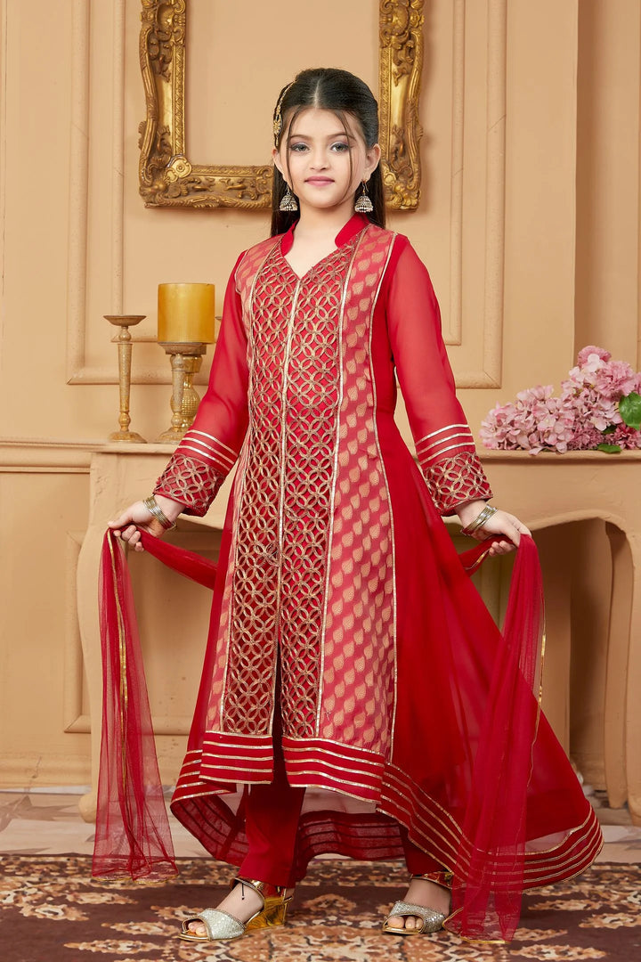 Red Embroidered Faux Georgette Asymmetrical Kids Salwar Suits