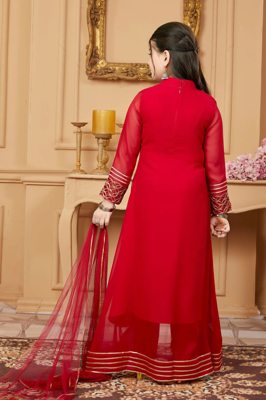 Red Embroidered Faux Georgette Asymmetrical Kids Salwar Suits