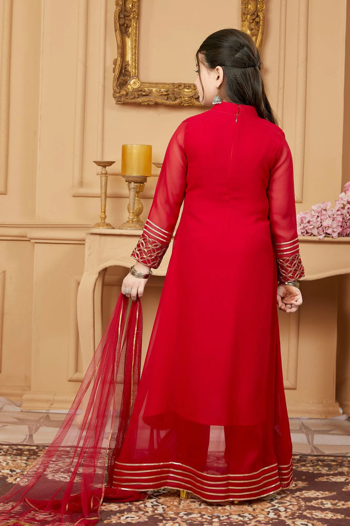 Red Embroidered Faux Georgette Asymmetrical Kids Salwar Suits
