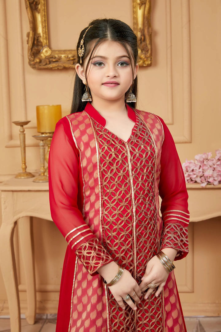 Red Embroidered Faux Georgette Asymmetrical Kids Salwar Suits