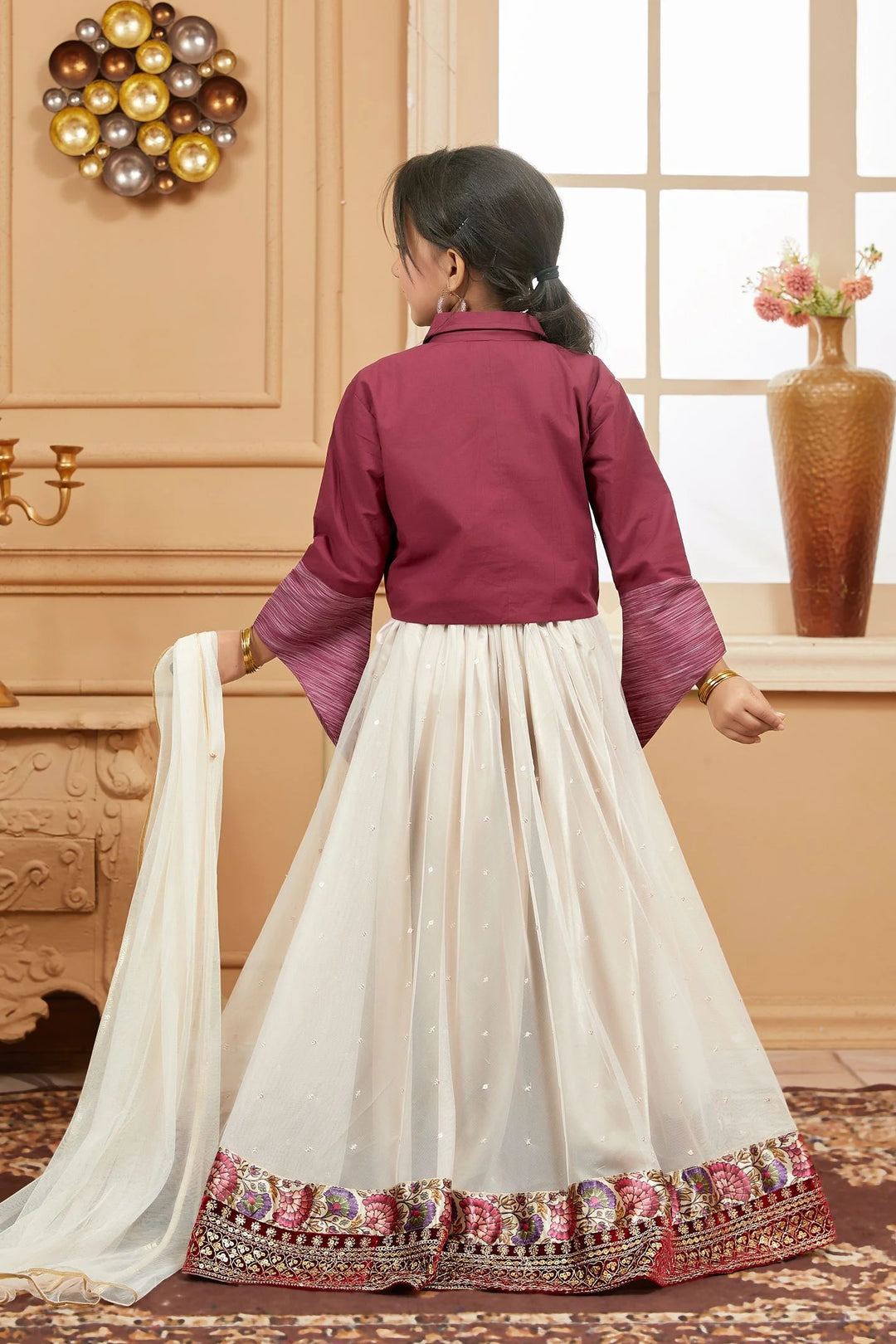 Maroon Embroidered Net Stitched Lehenga