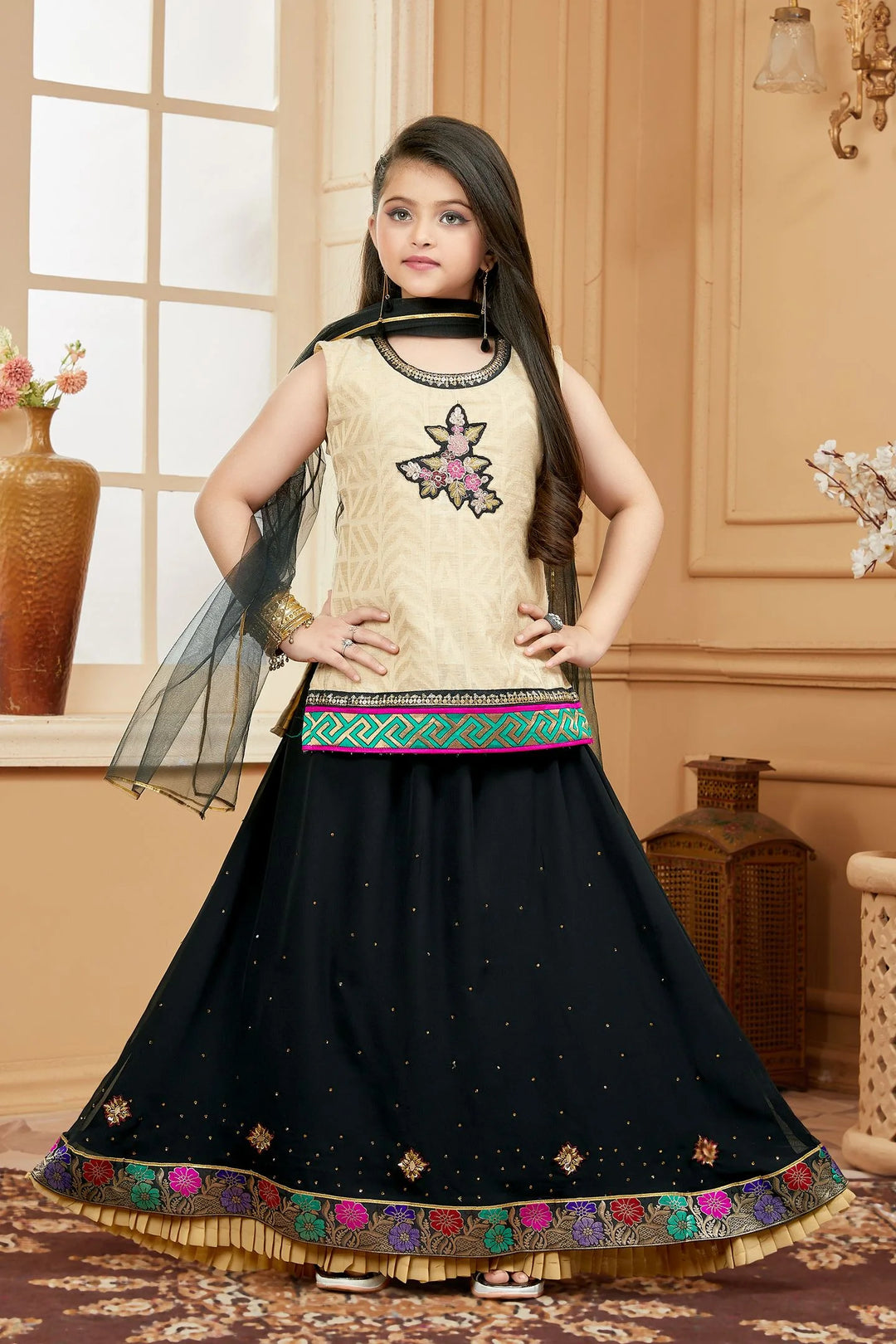 Beige Embroidered Art Silk A Line Lehenga Choli Dupatta