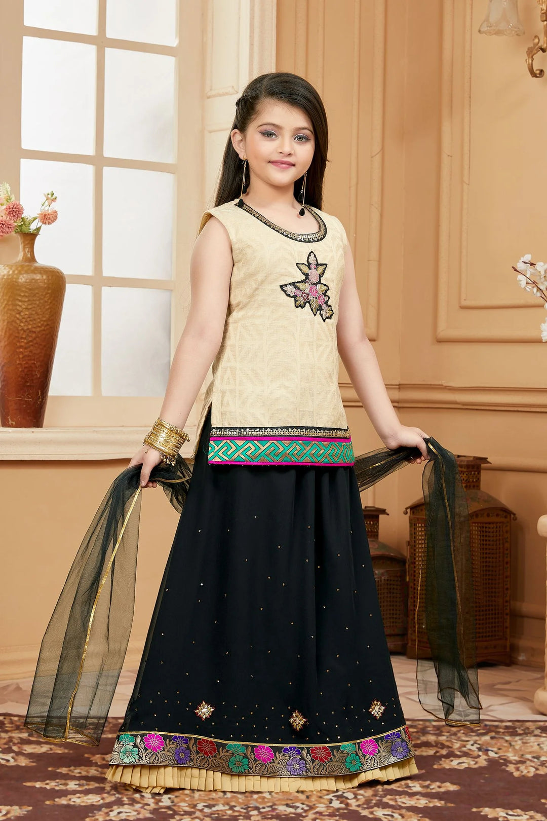 Beige Embroidered Art Silk A Line Lehenga Choli Dupatta