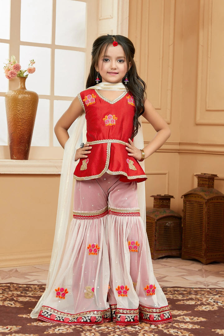 Red Embroidered Art Silk Asymmetrical Kids Salwar Suits