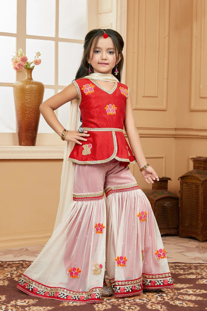 Red Embroidered Art Silk Asymmetrical Kids Salwar Suits