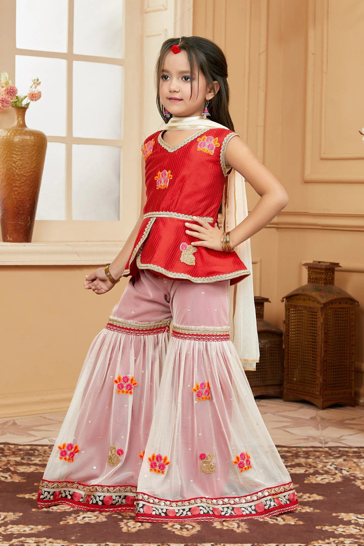 Red Embroidered Art Silk Asymmetrical Kids Salwar Suits