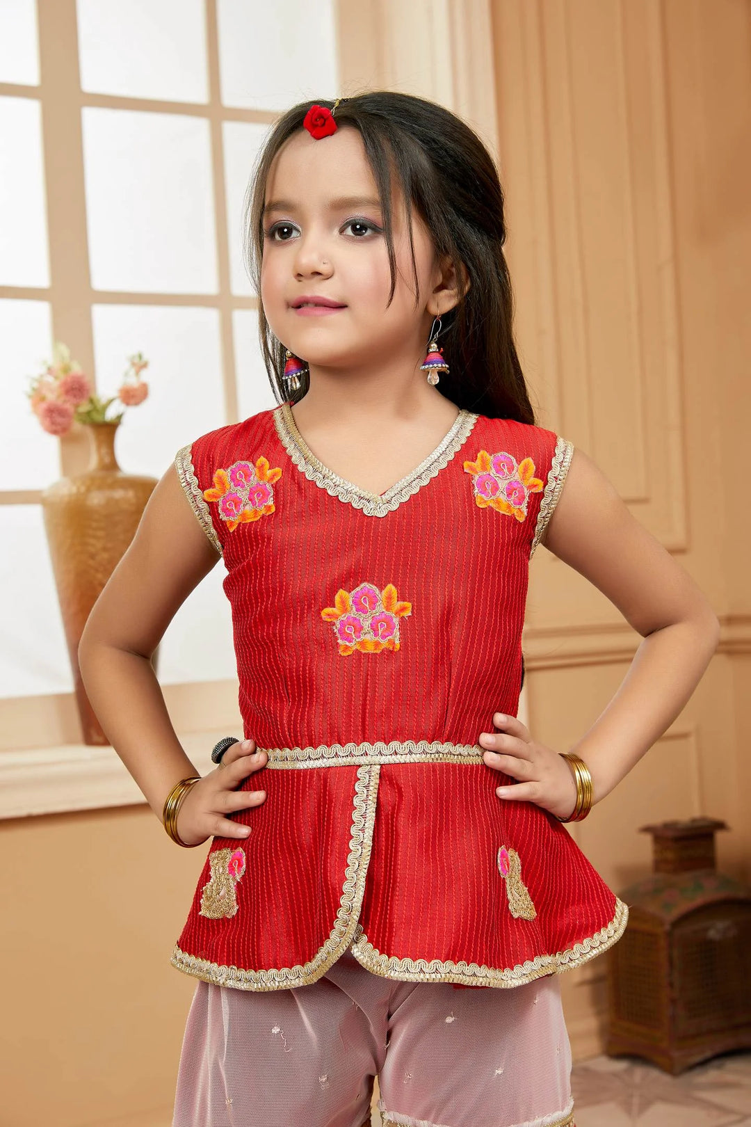 Red Embroidered Art Silk Asymmetrical Kids Salwar Suits