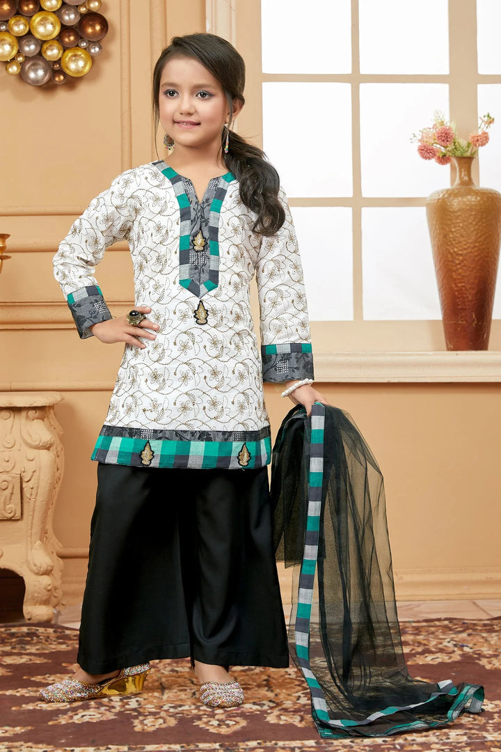 White Embroidered Cotton Straight Cut Kids Salwar Suits
