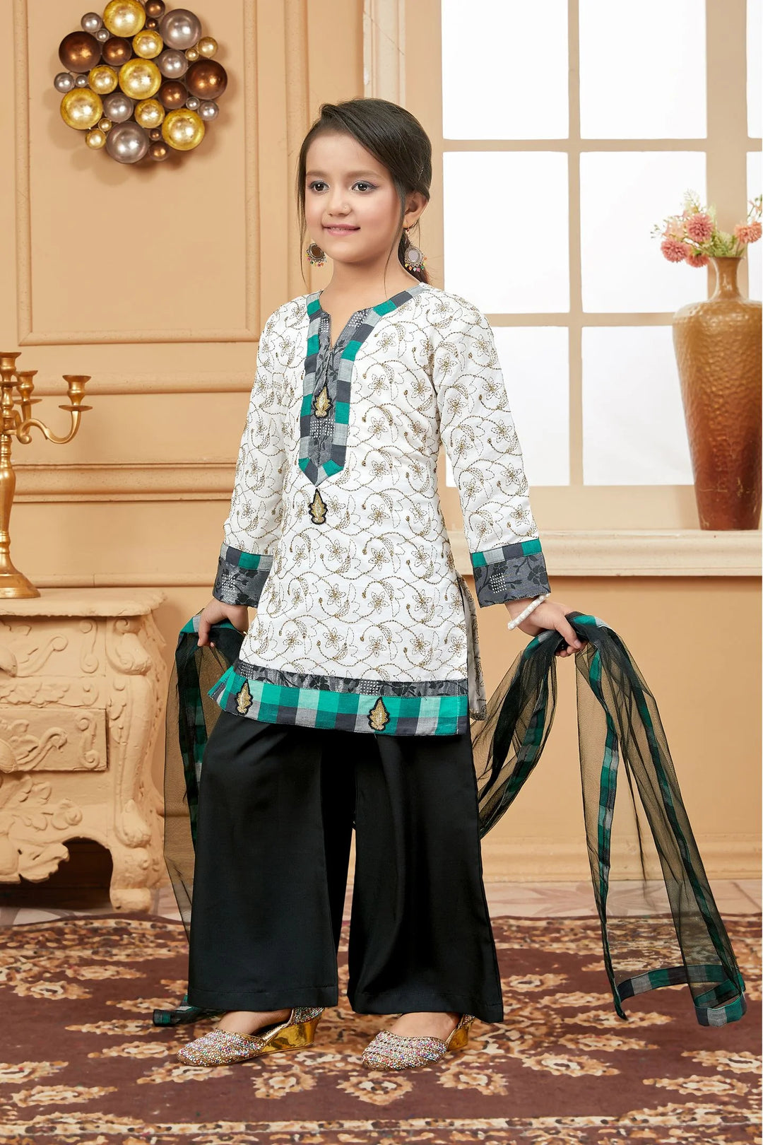White Embroidered Cotton Straight Cut Kids Salwar Suits
