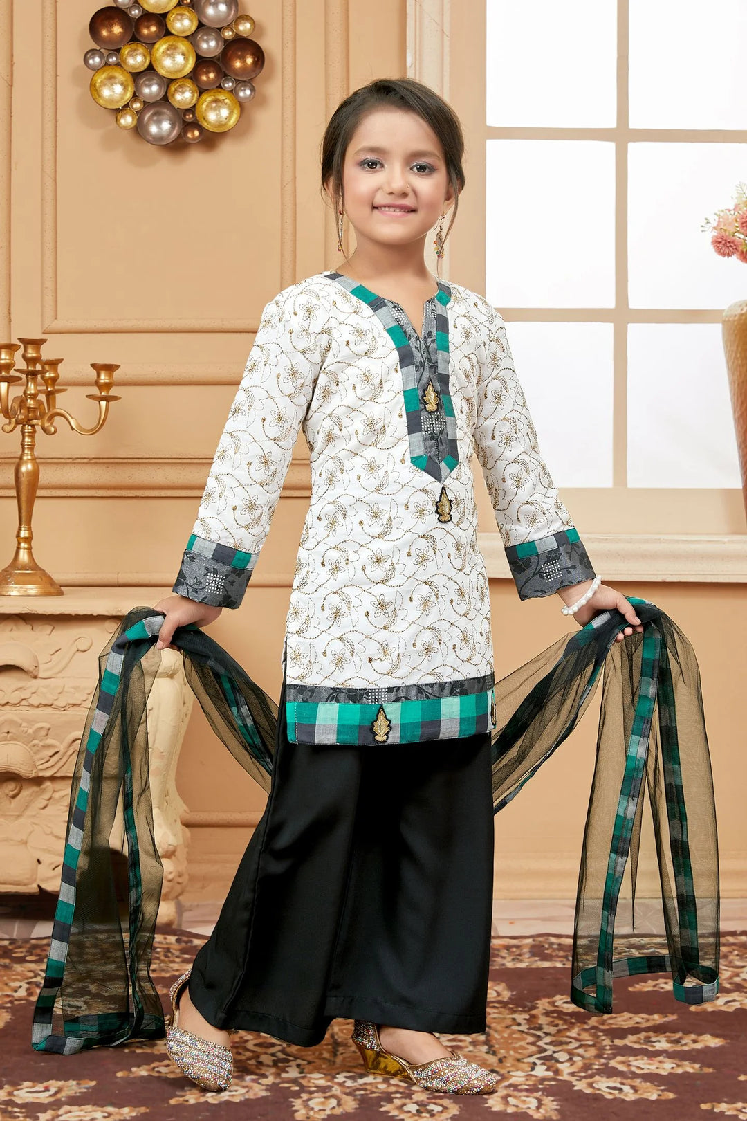 White Embroidered Cotton Straight Cut Kids Salwar Suits