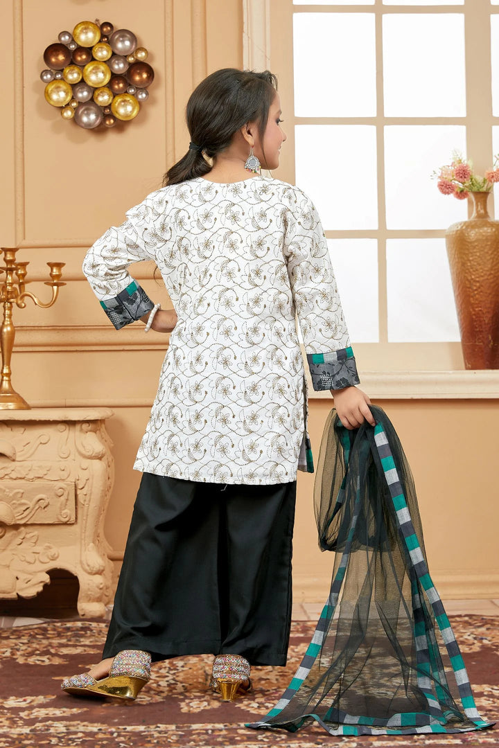 White Embroidered Cotton Straight Cut Kids Salwar Suits