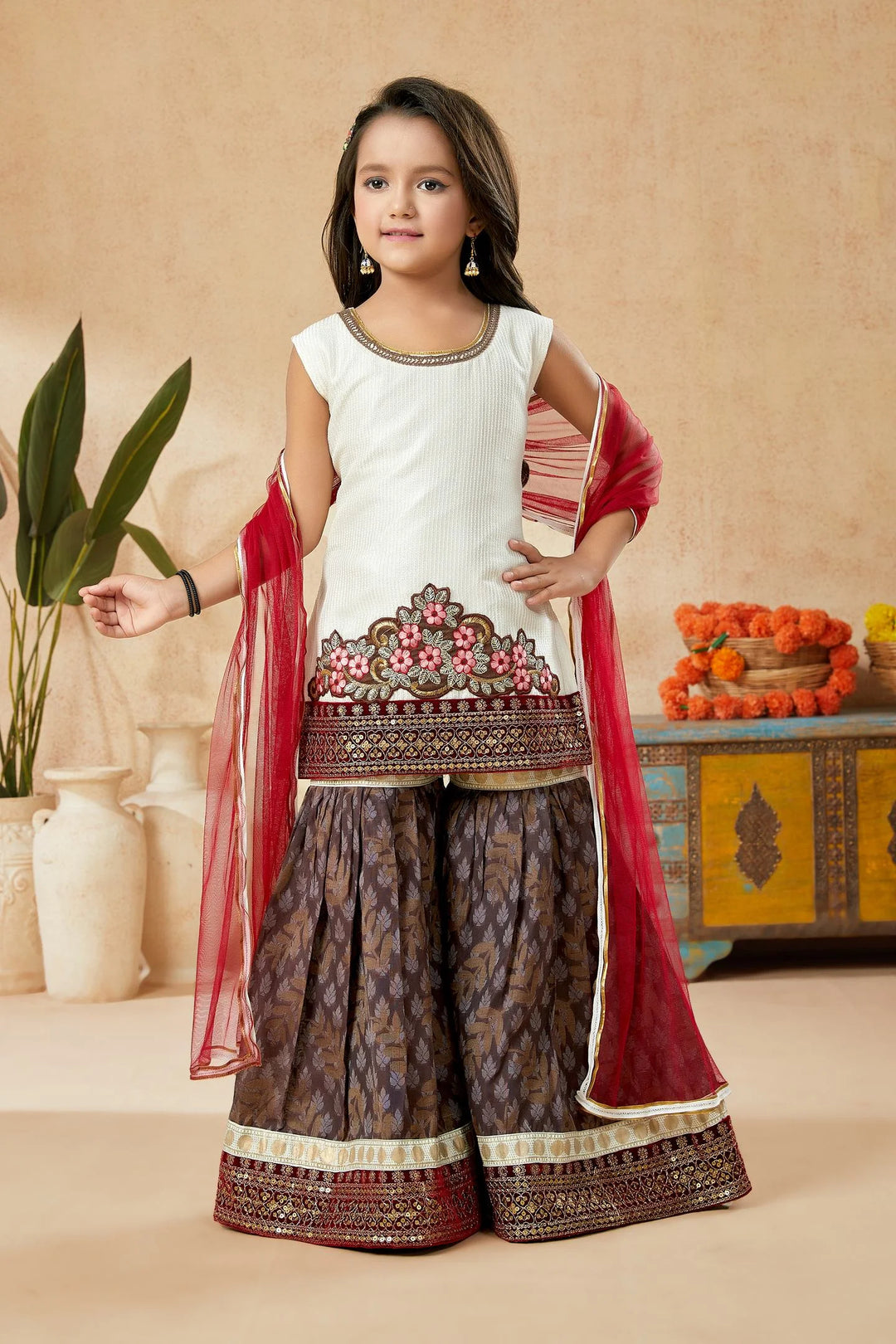 Off White Embroidered Art Silk Straight Cut Kids Salwar Suits