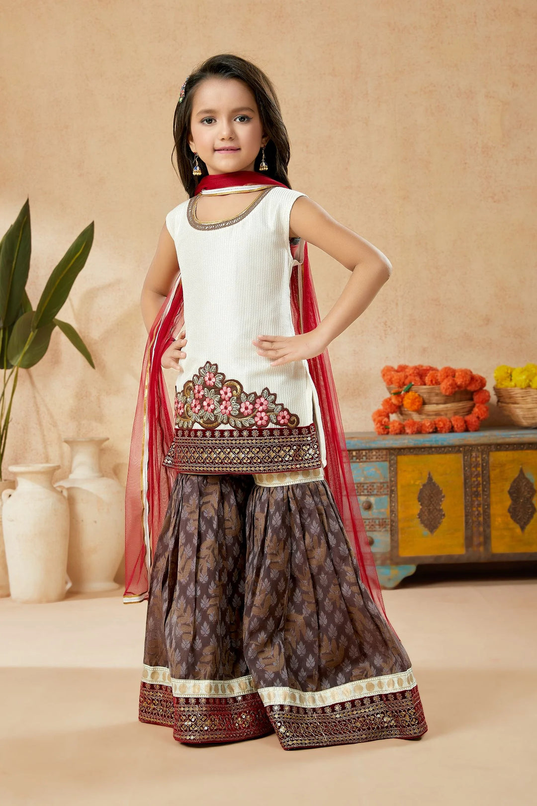 Off White Embroidered Art Silk Straight Cut Kids Salwar Suits