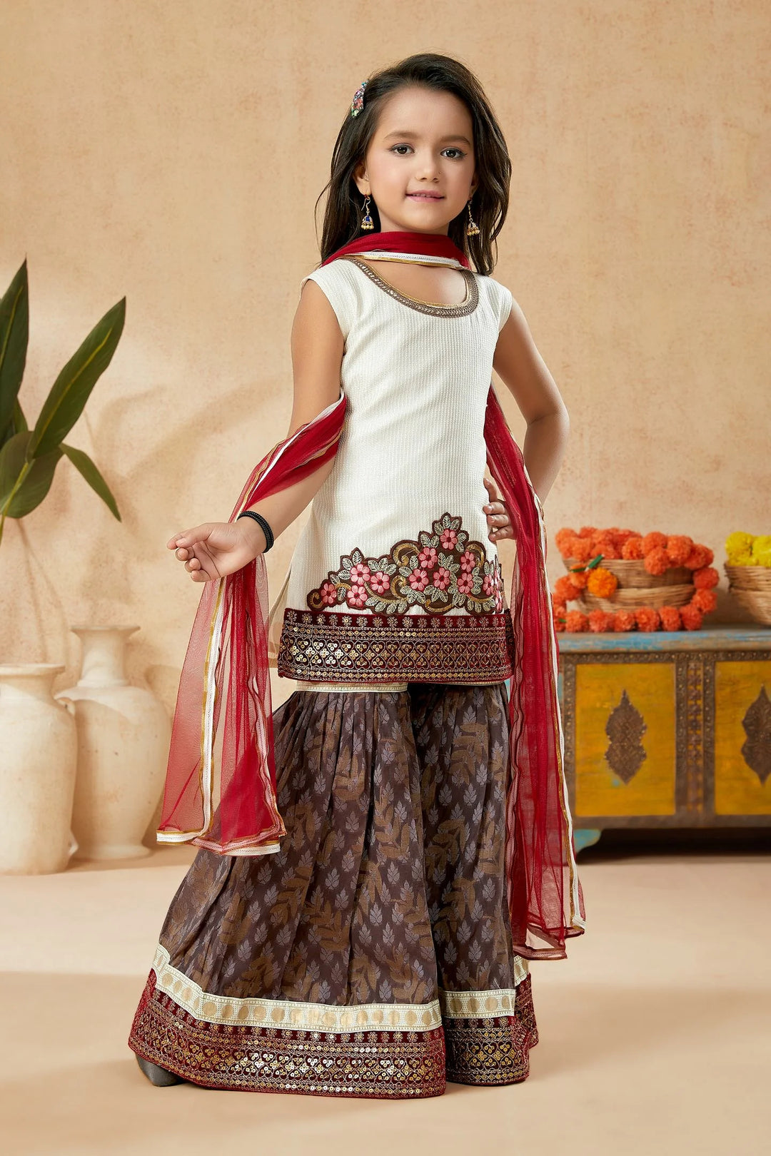 Off White Embroidered Art Silk Straight Cut Kids Salwar Suits