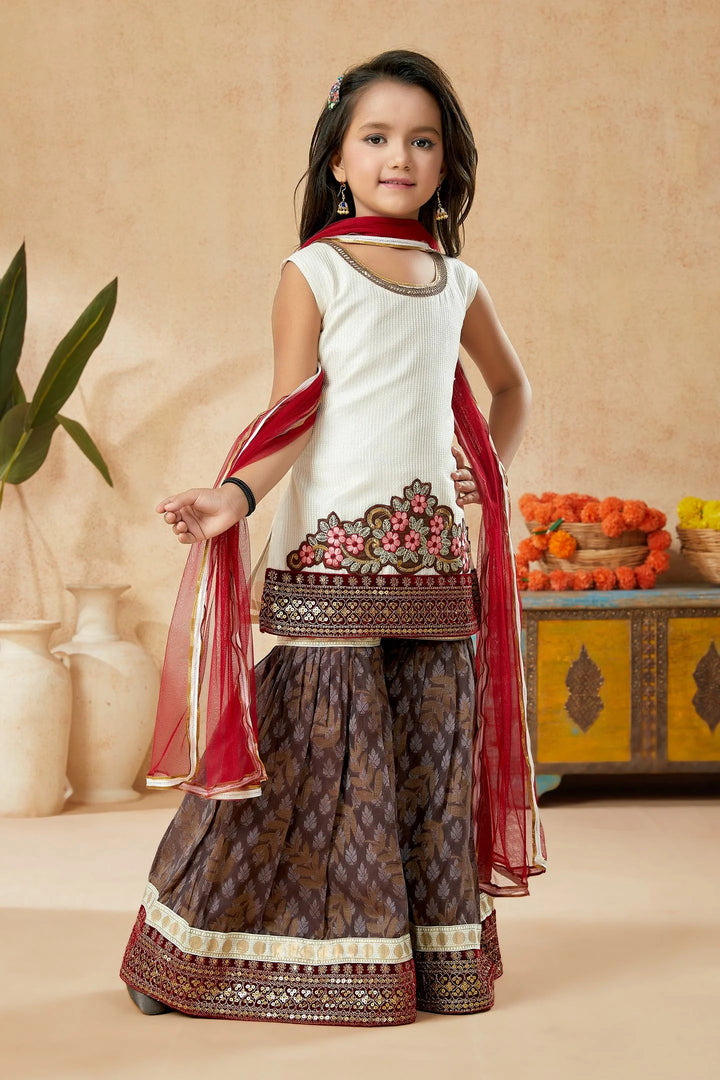 Off White Embroidered Art Silk Straight Cut Kids Salwar Suits