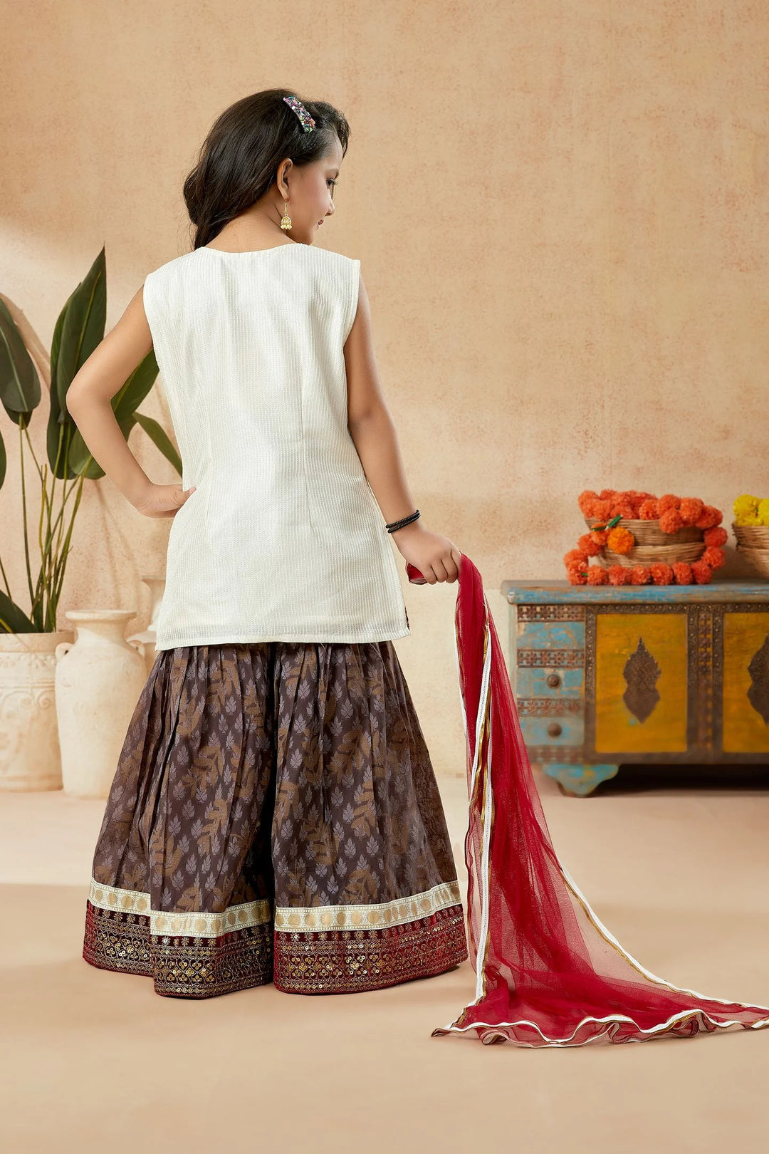 Off White Embroidered Art Silk Straight Cut Kids Salwar Suits