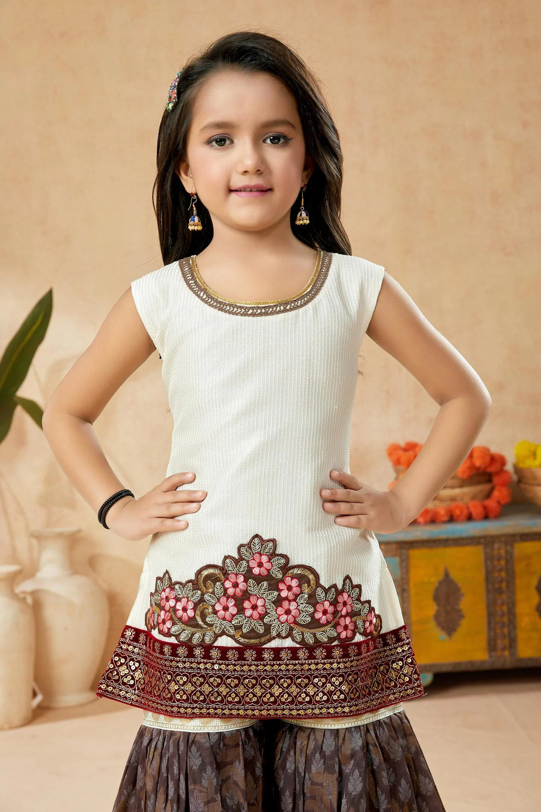 Off White Embroidered Art Silk Straight Cut Kids Salwar Suits
