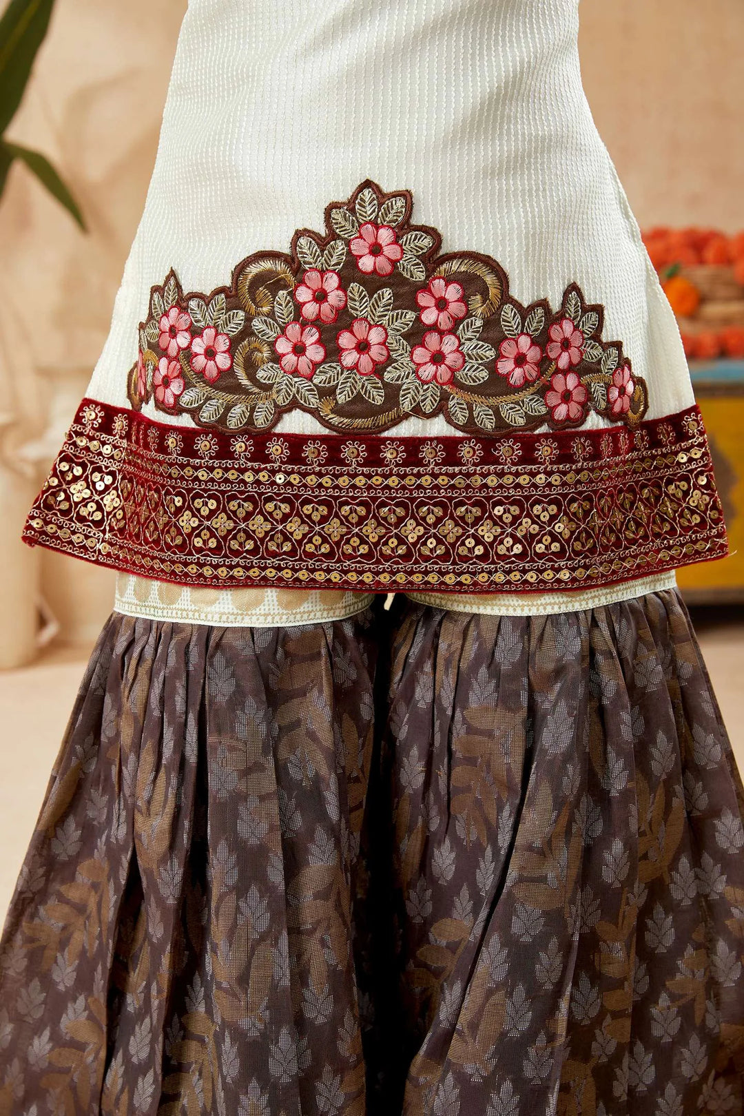 Off White Embroidered Art Silk Straight Cut Kids Salwar Suits