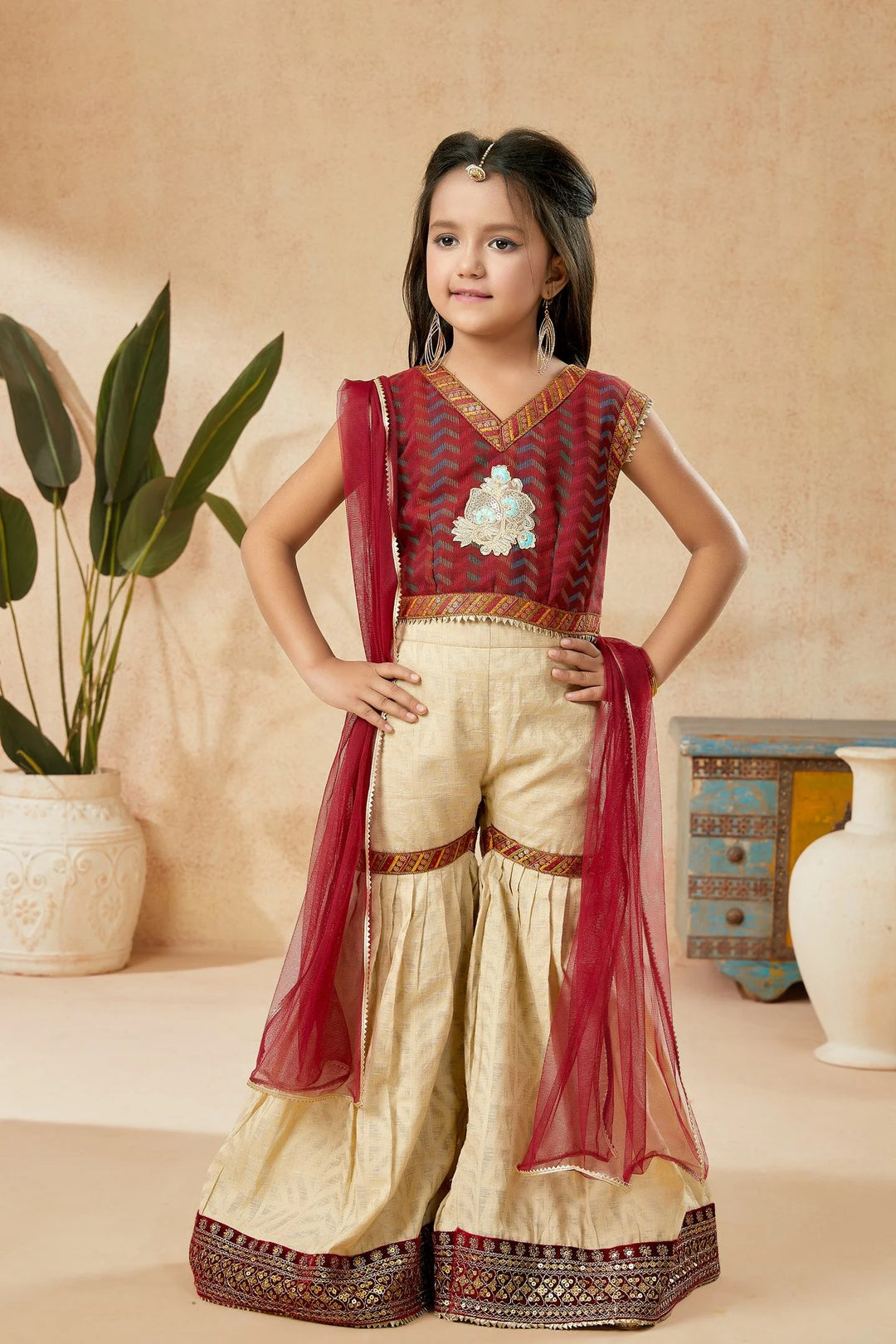 Maroon Embroidered Art Silk Straight Cut Kids Salwar Suits