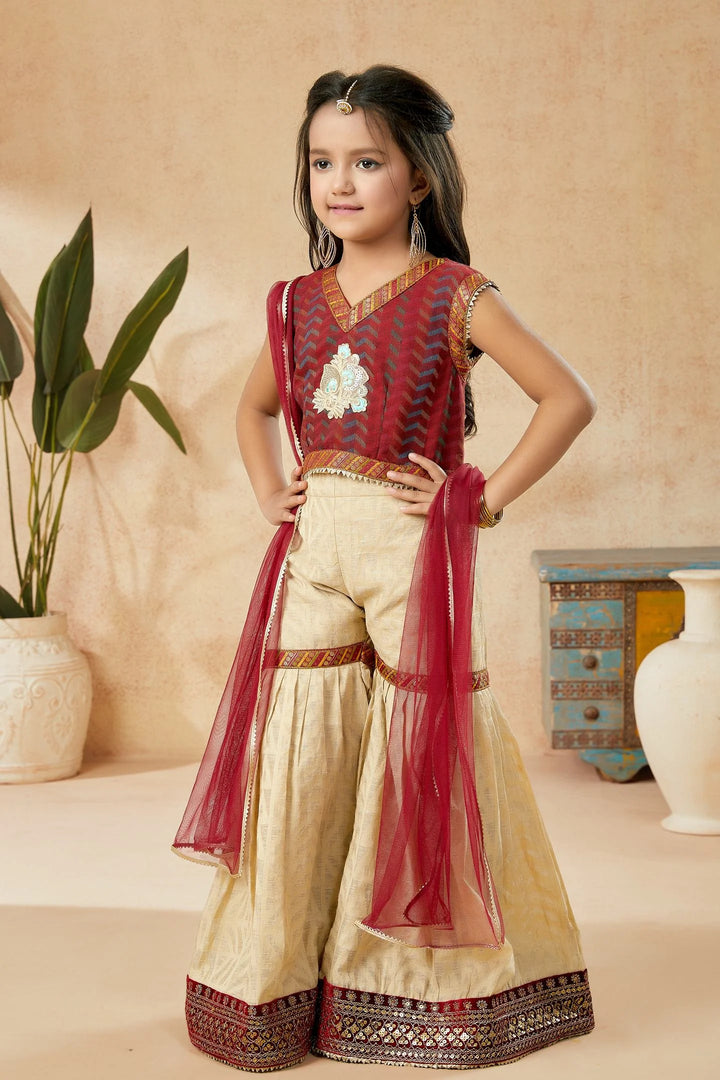 Maroon Embroidered Art Silk Straight Cut Kids Salwar Suits