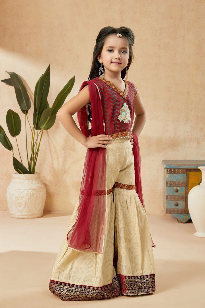 Maroon Embroidered Art Silk Straight Cut Kids Salwar Suits