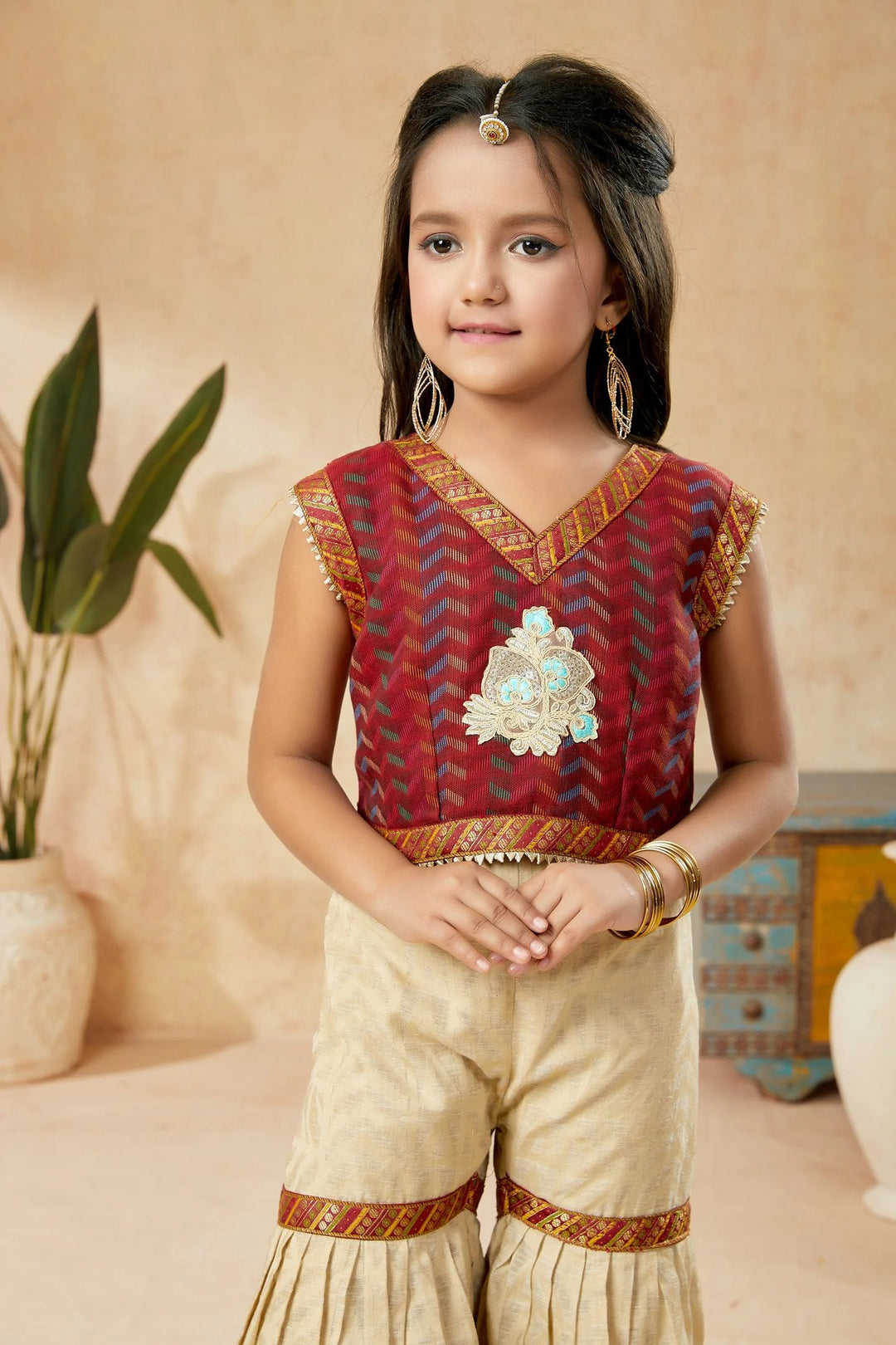 Maroon Embroidered Art Silk Straight Cut Kids Salwar Suits
