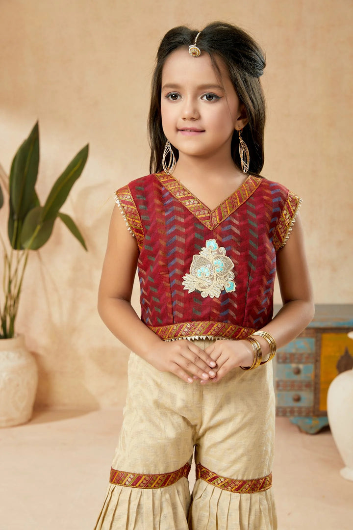 Maroon Embroidered Art Silk Straight Cut Kids Salwar Suits
