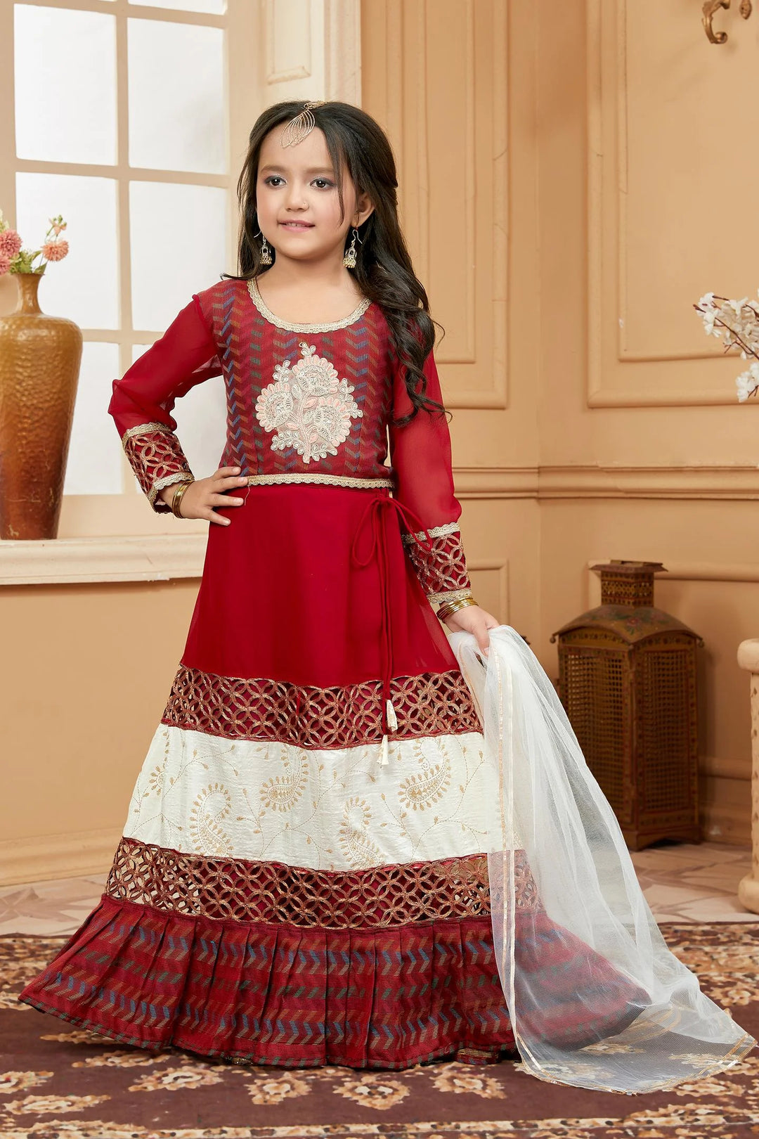 Maroon Embroidered Art Silk A Line Lehenga Choli Dupatta